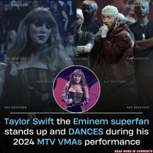 Taylor Swift, the ultimate Eminem superfan, just couldn’t contain herself during his 2024 MTV VMAs performance! As soon as the beat dropped, she shot out of her seat, standing tall and dancing like nobody was watching